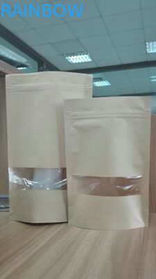 Ziplock Stand Up Kustom Kraft Paper Food Packaging Bags Dengan Jendela Rectangle