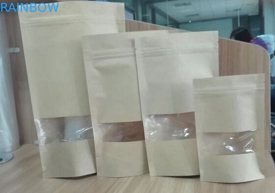 Brown Ziplock Stand Up Pouch Kantong Kertas Disesuaikan Tas Kemasan Makanan Dengan Jendela Yang Jelas
