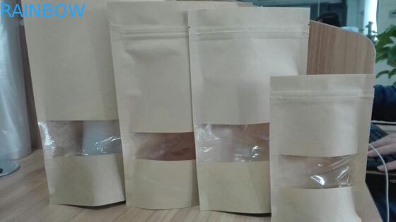 Brown Ziplock Stand Up Pouch Kantong Kertas Disesuaikan Tas Kemasan Makanan Dengan Jendela Yang Jelas