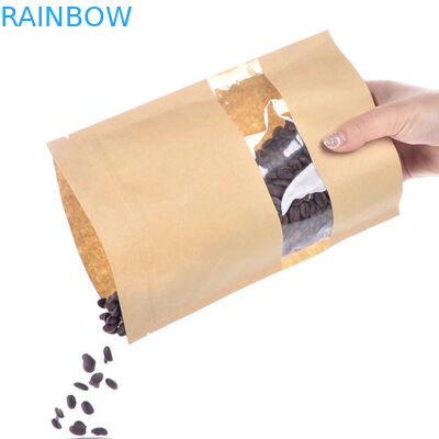 Tas Kertas Kraft Food Grade Dengan Jendela Jelas / Tas Mylay Untuk Kacang, Permen, Roti, Kopi