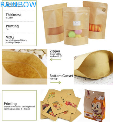 Mylar Zipper Kraft Paper Bag Dengan Clear Window Untuk Biji Kopi / Kue / Permen
