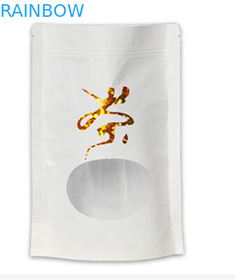 Tas kraft putih bawah datar rata berdiri dengan ritsleting ziplock mylar dan jendela