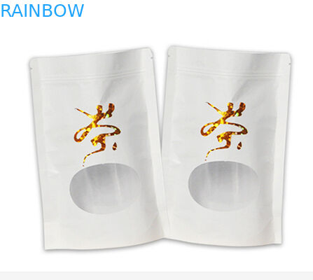 Tas kraft putih bawah datar rata berdiri dengan ritsleting ziplock mylar dan jendela