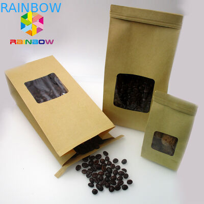 Kustom Dicetak Foil Kertas Kraft Berlapis Berdiri Kantong Tas Dengan Jendela Yang Jelas Untuk Biji Kopi
