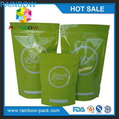 Aluminium foil Stand up custom customized Green green tea packaging packaging dengan notch zipper dan tear