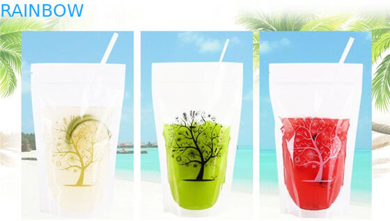 Kantong Minuman dengan Jerami Plastik Genggam, Ritsleting Jelas Stand Up Juice Drink Bag Zipper