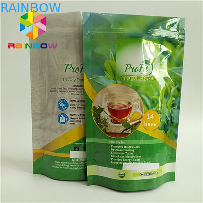 Disesuaikan Aluminium Foil Stand Up Kantong Teh Kemasan Round Bottom Glossy Finish