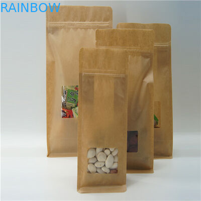Kantong kertas Kraft persegi coklat dengan jendela jernih, kantong kopi Zip Lock
