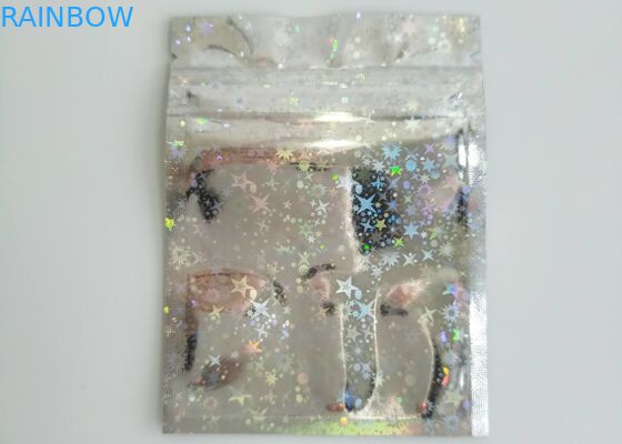 Kantong Pengaman Tiga Sisi Anak Holographic Laser Mylar Foil Dilapisi Dengan Zipper