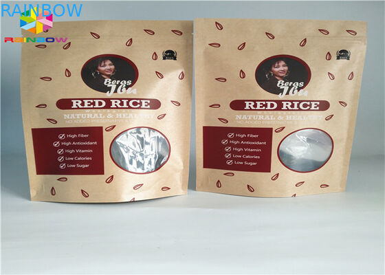 Ziplock Tas Kertas Cetak Kustom Makanan Stand Up Pouch Brown Kraft Paper With Window