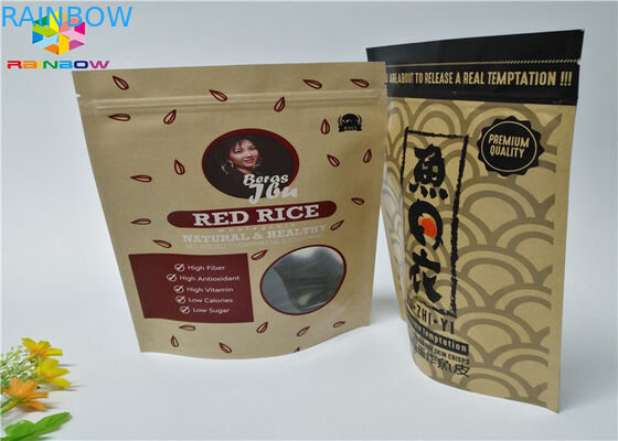 Ziplock Tas Kertas Cetak Kustom Makanan Stand Up Pouch Brown Kraft Paper With Window