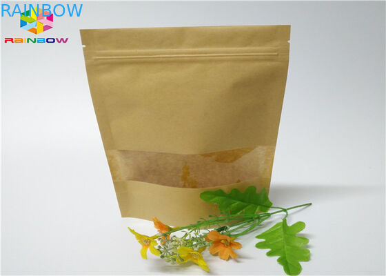 Ziplock Tas Kertas Cetak Kustom Makanan Stand Up Pouch Brown Kraft Paper With Window