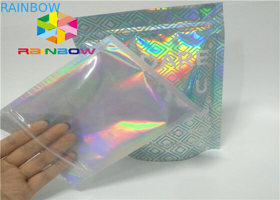 Laser Mylar foil pouch dengan sisi yang jelas untuk cat kuku bubuk glitter kemasan tas kemasan hologram foil kosmetik
