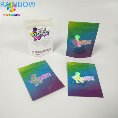 Kemasan Snack Bag yang Dapat Didaur Ulang Laser Holographic Runtz Clear Window Kantong penguncian pengaman anak