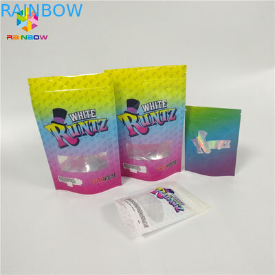 Kemasan Snack Bag yang Dapat Didaur Ulang Laser Holographic Runtz Clear Window Kantong penguncian pengaman anak