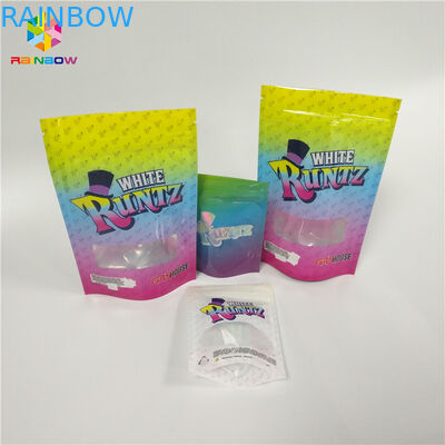 Kemasan Snack Bag yang Dapat Didaur Ulang Laser Holographic Runtz Clear Window Kantong penguncian pengaman anak