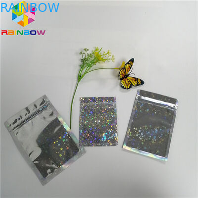 Glitter Flash Bintang Hologram Mylar Ziplock Bags Glossy Tiga Sisi Segel Masker Wajah Kemasan
