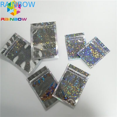 Glitter Flash Bintang Hologram Mylar Ziplock Bags Glossy Tiga Sisi Segel Masker Wajah Kemasan