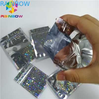 Glitter Flash Bintang Hologram Mylar Ziplock Bags Glossy Tiga Sisi Segel Masker Wajah Kemasan