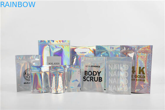Holographic Stand Up Foil Kantong Aluminium Foil Mylar Ziplock Untuk Hadiah / Kosmetik