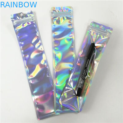 Kantong plastik hologram cetak custom dengan ritsleting untuk kemasan pena alat rias