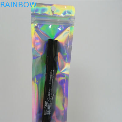 Kantong plastik hologram cetak custom dengan ritsleting untuk kemasan pena alat rias