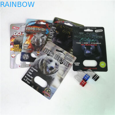 Kemasan Pil Peningkatan Seksual Rhino Max 150K Kartu Blister 3D Dengan Kotak Kertas Untuk Kapsul Seks Bedak