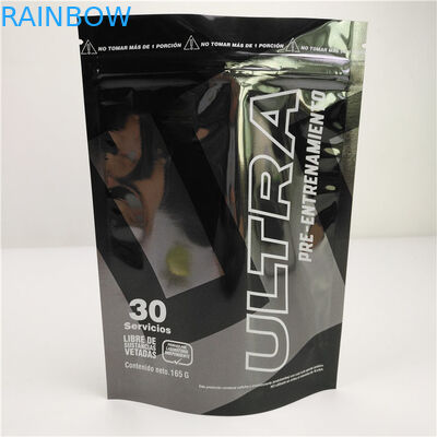 Glossy Black Aluminium Foil Mylar Plastic Standing Pouch Logo Disesuaikan