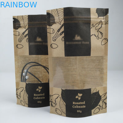 Daur Ulang Stand Up Pouch Food Grade Zip Lock Heat Seal Dicetak Biodegradable Custom Food Kraft Paper Bag Dengan Jendela Yang Jelas