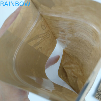 Daur Ulang Stand Up Pouch Food Grade Zip Lock Heat Seal Dicetak Biodegradable Custom Food Kraft Paper Bag Dengan Jendela Yang Jelas