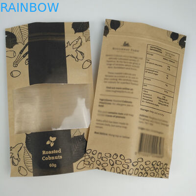 Daur Ulang Stand Up Pouch Food Grade Zip Lock Heat Seal Dicetak Biodegradable Custom Food Kraft Paper Bag Dengan Jendela Yang Jelas