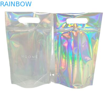 Tas Hologram Plastik Transparan Kosmetik Aluminium Foil Mylar Bags Dengan Pegangan Ritsleting