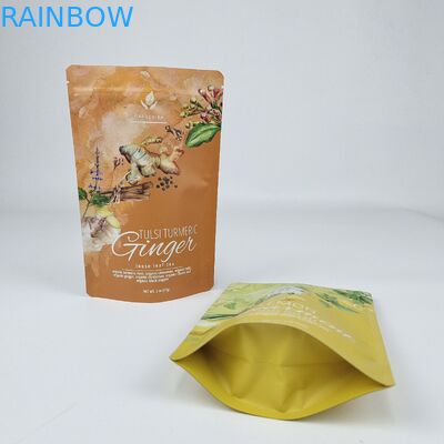 Custom Printed Matte Yellow Stand Up Bag Aluminium Foil Mylar Bag Tea Food Packaging Kantong Plastik Dengan Ziplock