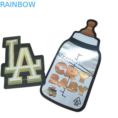 Tas Mylar Die Cut Holografik Ziplock Bukti Anak Cetak Kustom 3.5g Tas Kemasan Permen Bergetah Bentuk Khusus yang Dapat Dimakan