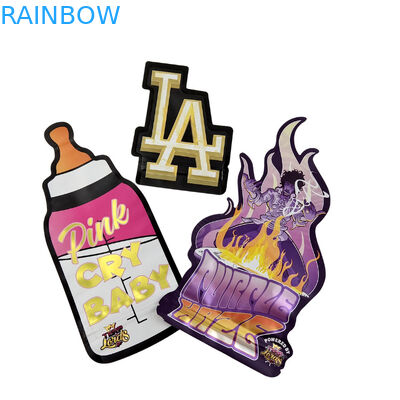 3.5g Kemasan yang Disesuaikan Dan Pencetakan Logo Spesial Unik Bentuk Dalam Diterbitkan Holographic Die Cut Mylar Bag