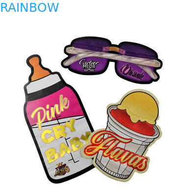 3.5g Kemasan yang Disesuaikan Dan Pencetakan Logo Spesial Unik Bentuk Dalam Diterbitkan Holographic Die Cut Mylar Bag