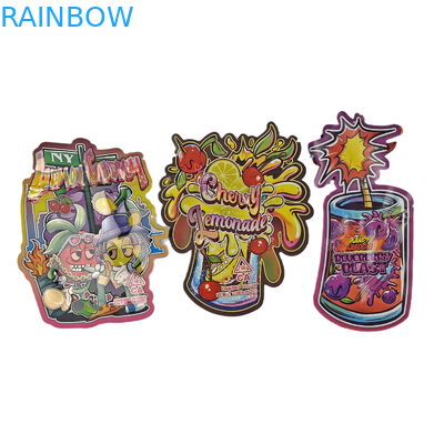 Custom 3.5g Holographic Die Cut Mylar Bags Kemasan berbentuk tidak teratur Zipper Proof Bau Die Cut Plastic Packaging Bag