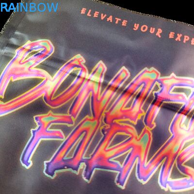 Kantong Mylar Holografik Sentuhan Lembut dengan Resleting untuk Permen Herbal Bunga Kering Permen Karet Biskuit Gula Kemasan Tahan Anak