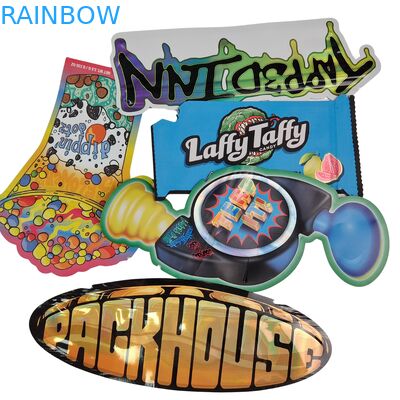 Kantong Mylar Die Cut Bentuk Holografik Resealable Resleting Kantong Foil Aluminium Heat Seal Die Cut Pouch Tidak Beraturan Untuk Permen Gummy Jamur