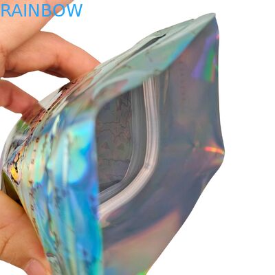 Holographic Mylar Bag Reseable Smell Proof Stand Up Bag 3.5g/7g/1oz/1lb Gummies Snack Kantong Plastik Dengan Zipper