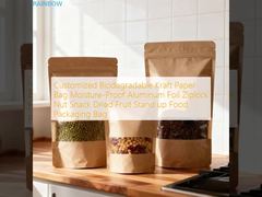 Kantong Kertas Kraft Biodegradable yang Disesuaikan Tahan Lembab Aluminium Foil Ziplock Kacang Camilan Buah Kering Berdiri Kantong Kemasan Makanan