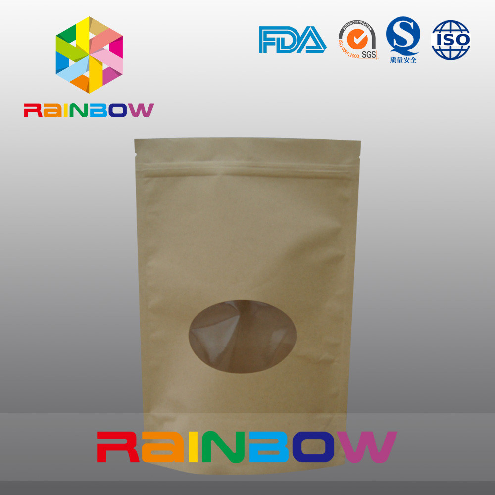 Ukuran Disesuaikan Plain Brown Zipper Top Kraft Paper Bags Untuk Pepper Snack Dengan ROUND Window