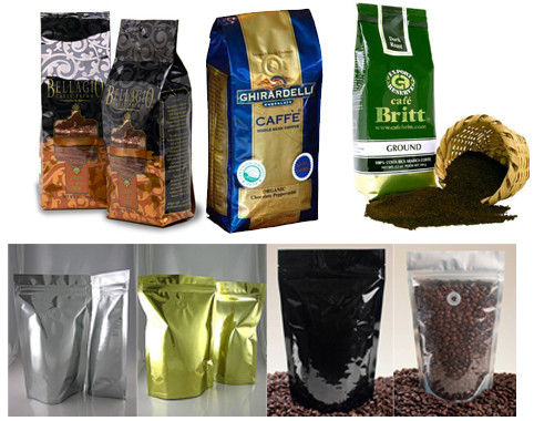 Tas Kopi Foil Desain Kustom Dengan One Way Degassing Valve, Hijau / Hitam