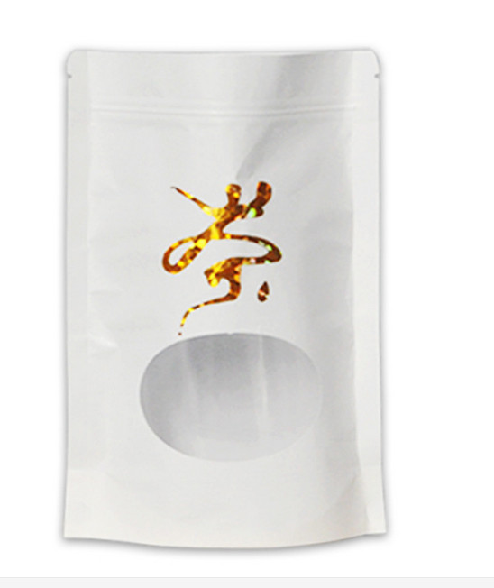 Tas kraft putih bawah datar rata berdiri dengan ritsleting ziplock mylar dan jendela