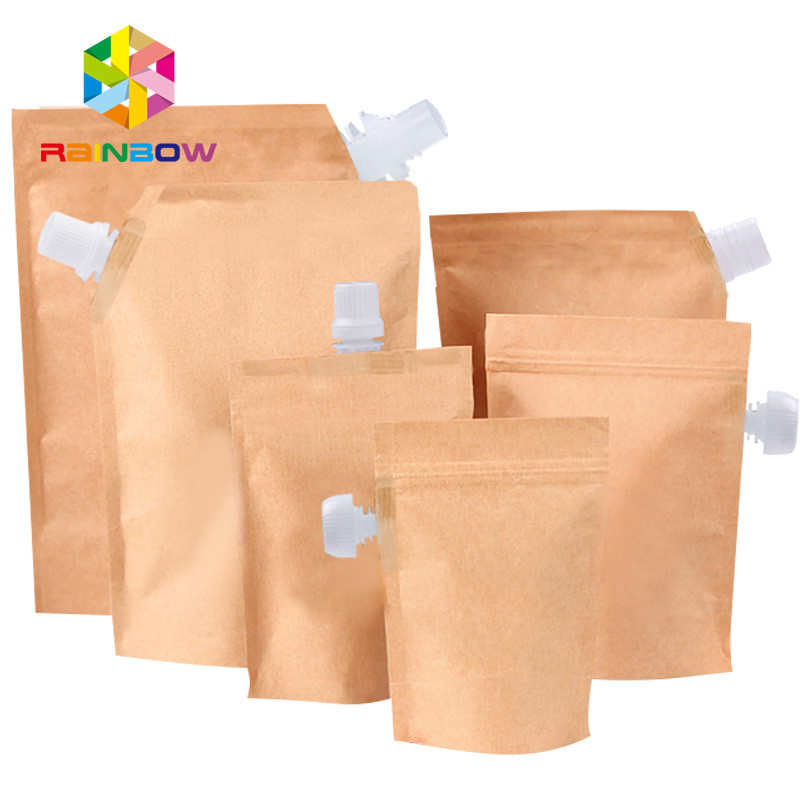 Stand up moncong miring kertas kraft berlapis foil spout pouch packaging untuk air / minyak