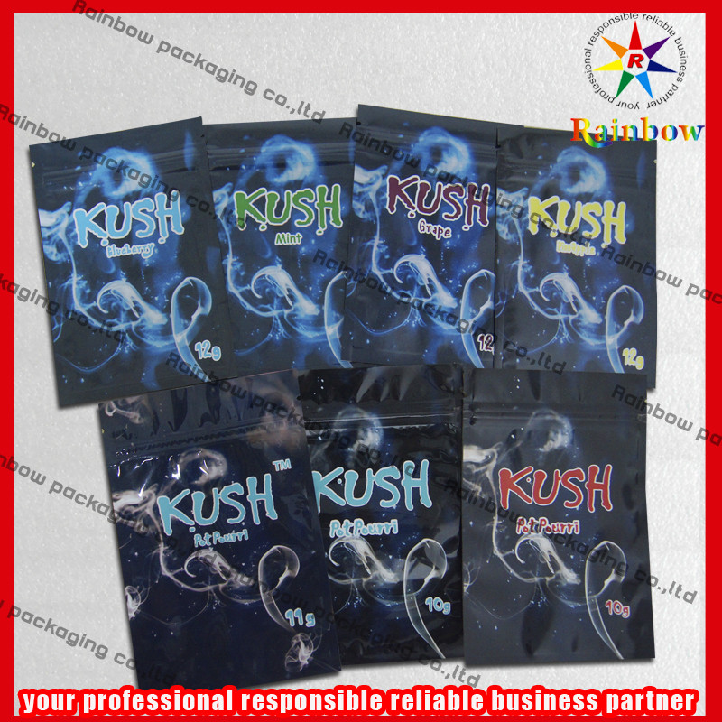 Kush Aluminium Foil Zip Kantong Plastik, Ritsleting Dupa Herbal Warna-warni