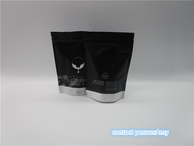 Kemasan kantong plastik hitam / putih matte, berdiri kantung kopi dengan ritsleting