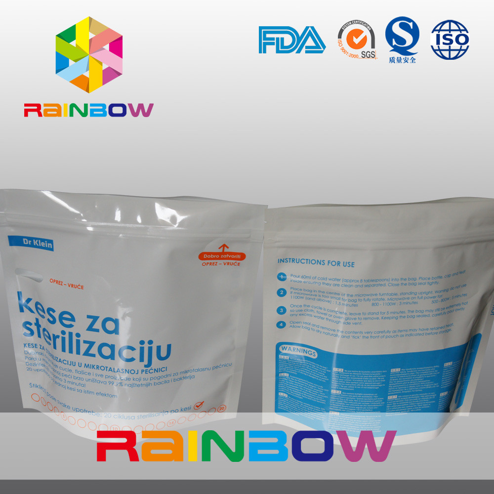 Bahan dilaminasi Standd up Microwave Steriliser Pouch Bag dengan ziplock untuk botol bayi / ritsleting sachet microwave