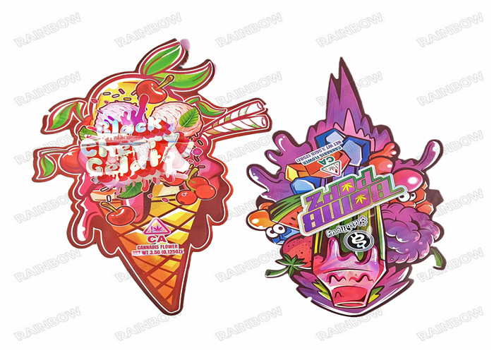 3.5g Food Grade Custom Mylar Die Cut Bentuk Tidak Teratur Kemasan Mylar Pengaman Dengan Ritsleting