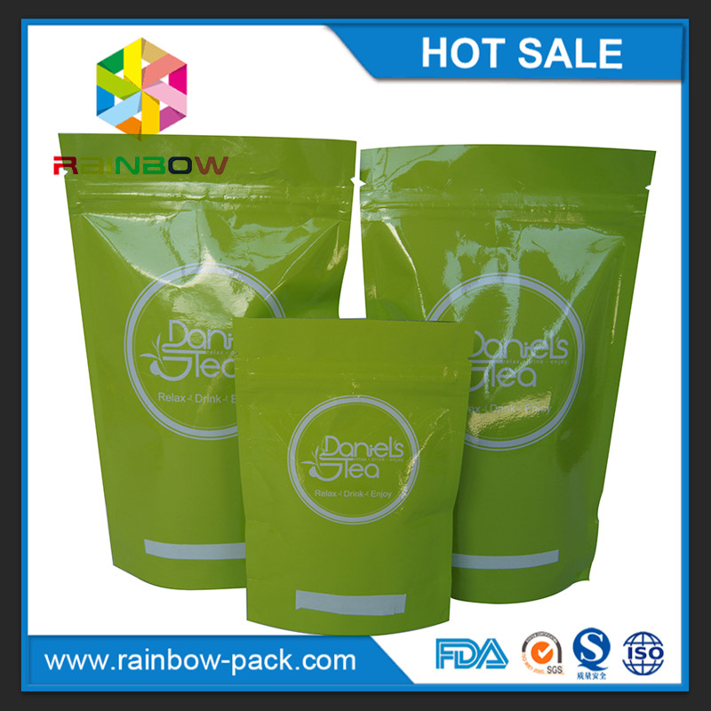 Aluminium foil Stand up custom customized Green green tea packaging packaging dengan notch zipper dan tear